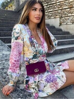 Zara Floral Long-Sleeve Tie-Waist Dress in Lavender, Cream, Green and Yellow